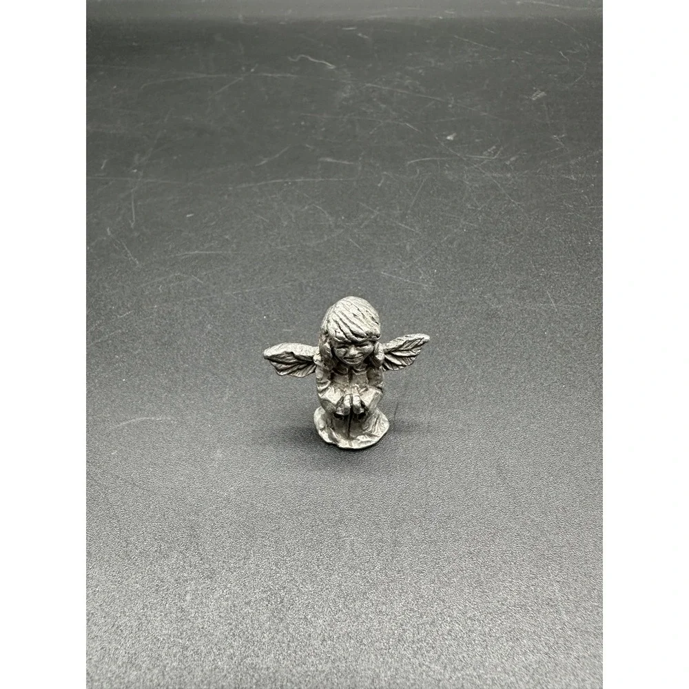 Vintage Pewter Angel Figurine Praying Design Small Metal Collectible Shelf Decor